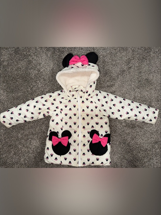 Disney Other - Disney Cream Sherpa Jacket with Black Minnie Silhouettes and Pink Bows